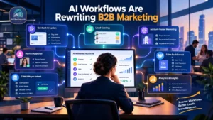 A B2B marketing strategist reviews an AI workflow dashboard connecting content, lead scoring, ABM, sales enablement, and analytics.