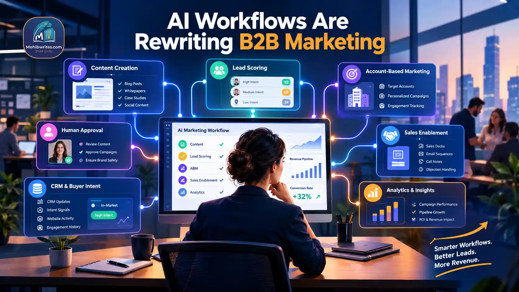 A B2B marketing strategist reviews an AI workflow dashboard connecting content, lead scoring, ABM, sales enablement, and analytics.